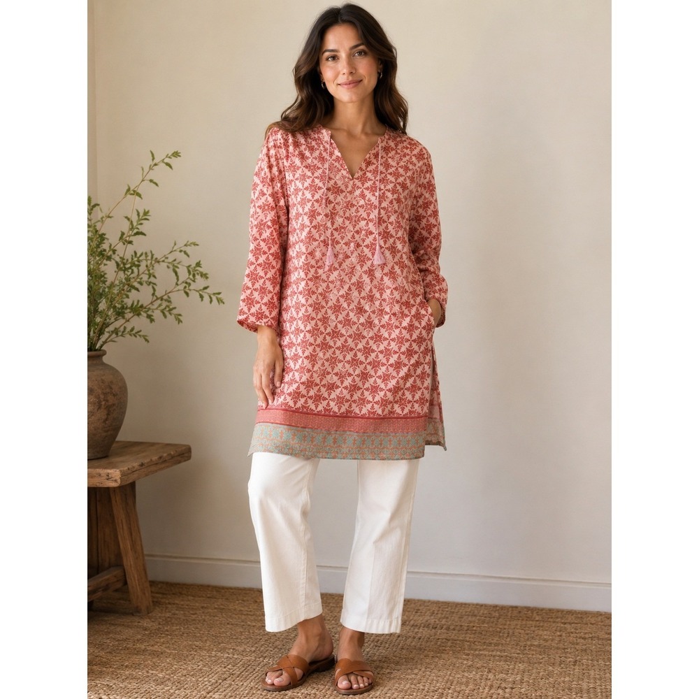 NVELOPE Tunic Women XL Pink Red Floral Cotton UV Protection Tassel Tie Cover Up